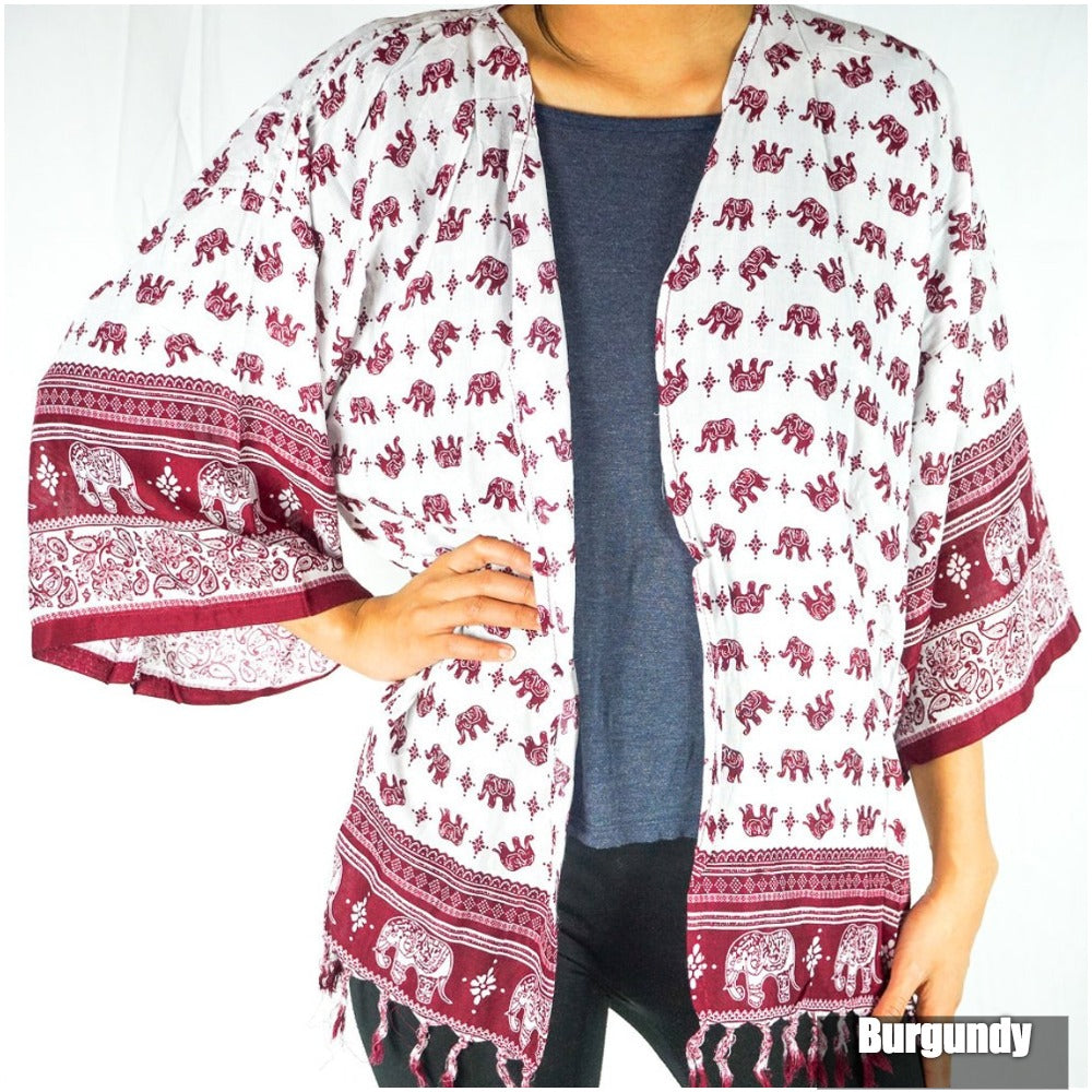 Tan Smokey Elephant Tribal Boho Kimono Cover Up sweater with elephant and tribal print, lightweight and flowy for bohemian style.