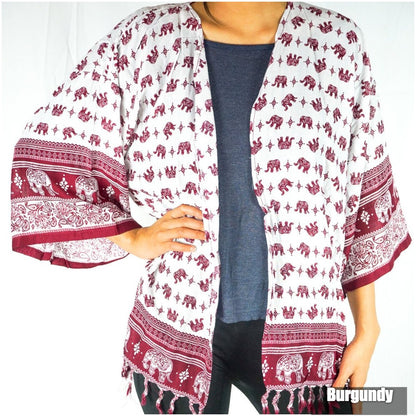 Tan Smokey Elephant Tribal Boho Kimono Cover Up sweater with elephant and tribal print, lightweight and flowy for bohemian style.