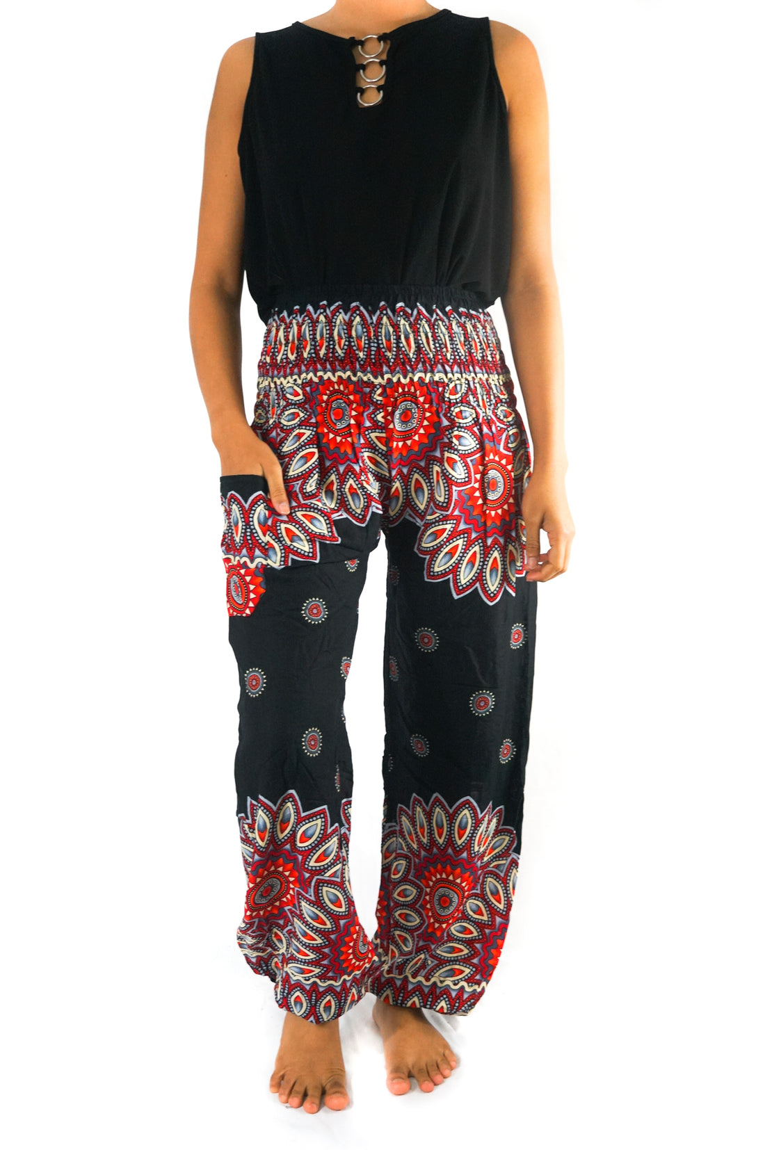 Black floral harem pants for women by Tan Smokey, featuring boho and hippie style with relaxed fit and floral print.