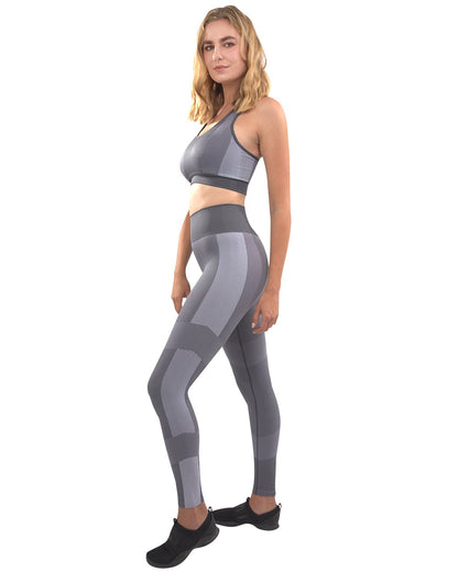 Lazurite Arleta seamless grey leggings and sports bra set for women, fitted and comfortable athletic clothing.