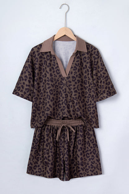 Byzantium Bay leopard print collared V-neck top and matching shorts set displayed on a model, casual summer outfit.