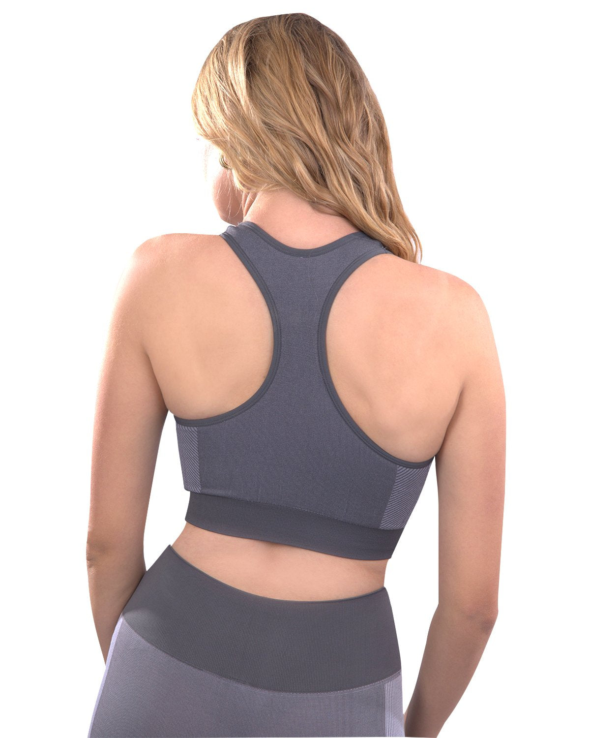 Grey Lazurite Arleta seamless sports bra for women, shown on a model, with supportive fit and smooth fabric.