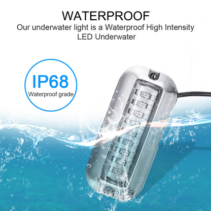 Teal Simba stainless steel LED underwater pontoon ship light for home and garden, showcasing sleek design and bright illumination.