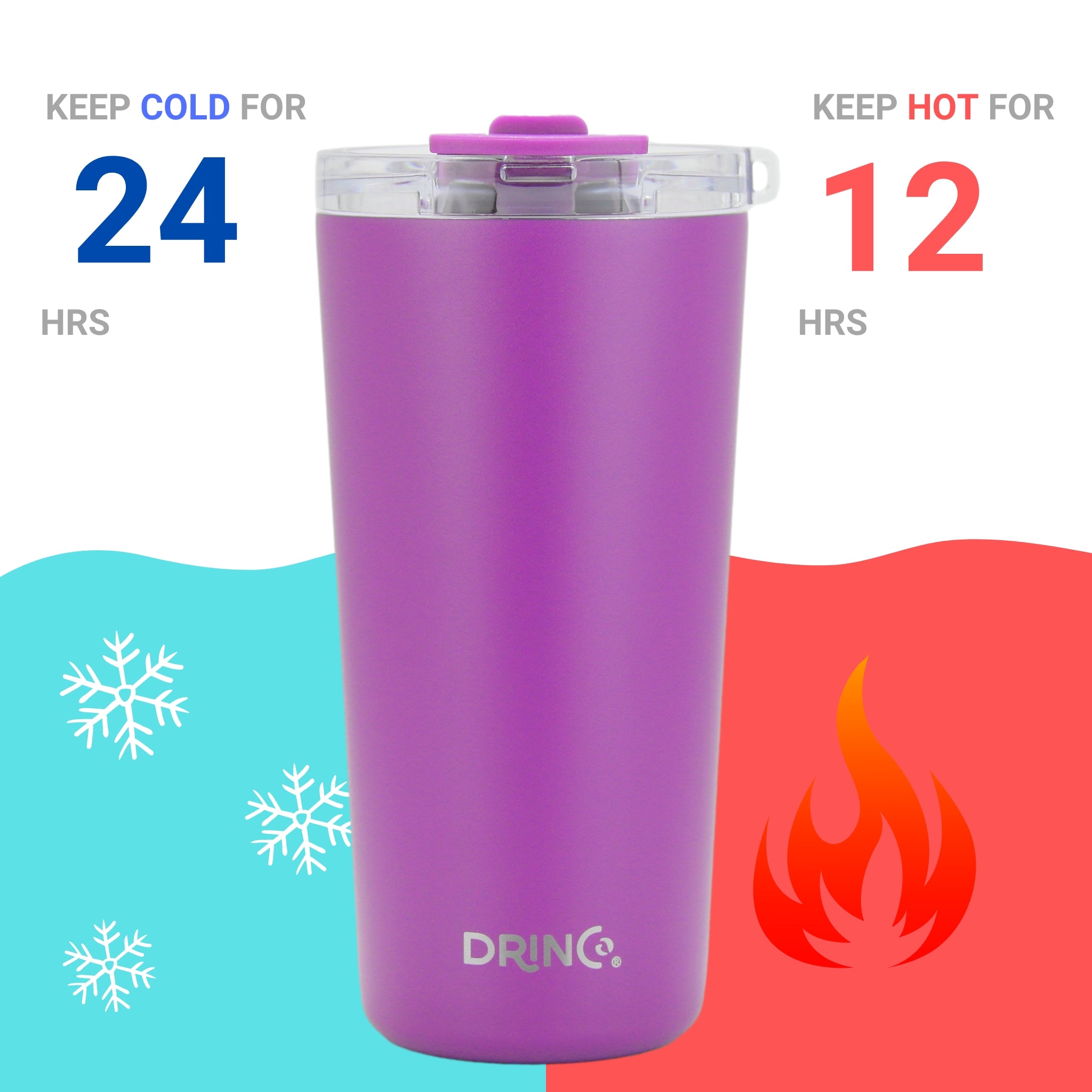 Purple DRINCO® 20oz insulated tumbler with spill-proof lid and two straws, designed for hot and cold beverages.
