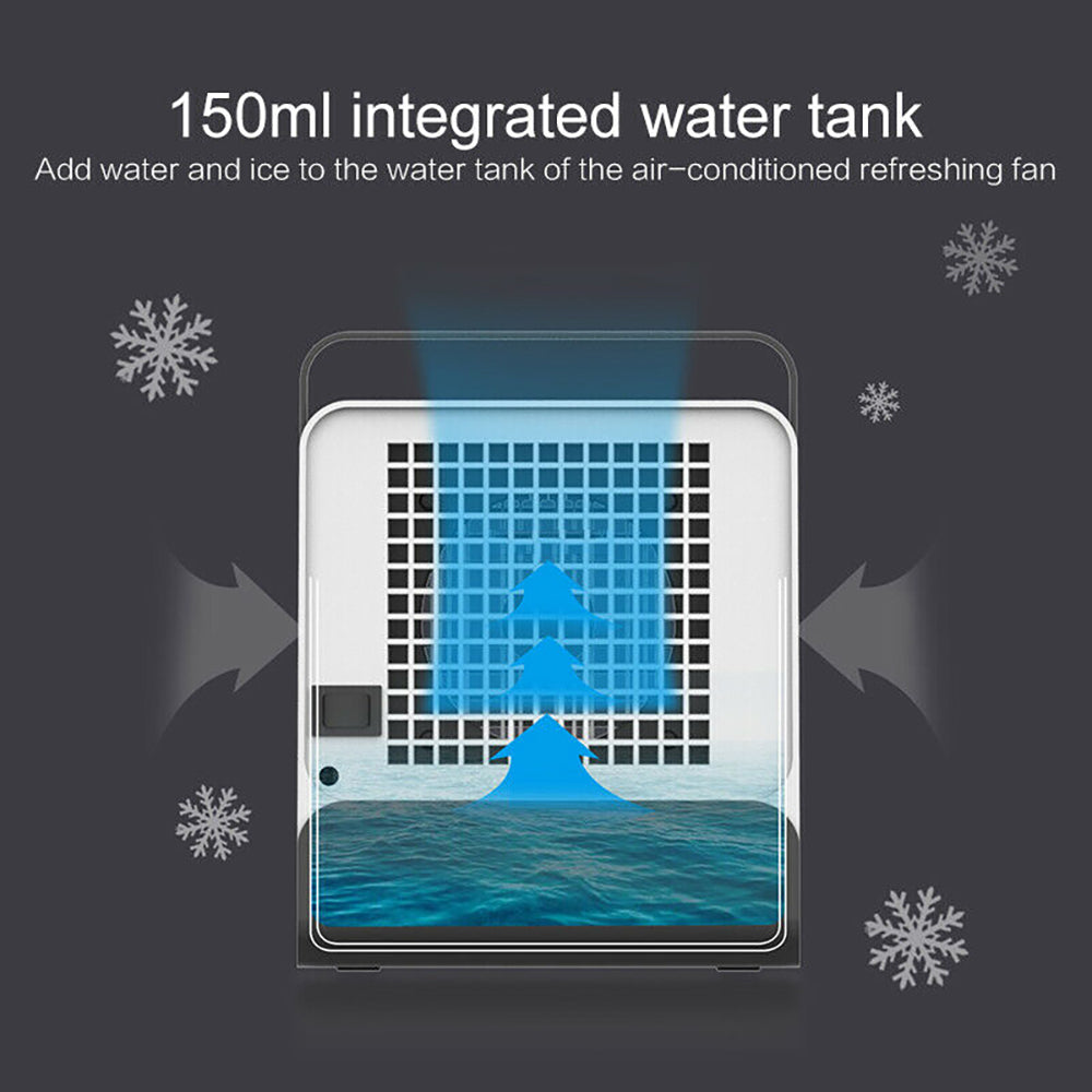 Teal Simba USB mini negative ion cool fan showing compact design with air vents and control buttons, ideal for portable cooling.