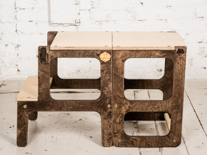 Brown 2-in-1 kitchen helper and table by Lavender Arachne, showing a versatile furniture piece for kitchen use.
