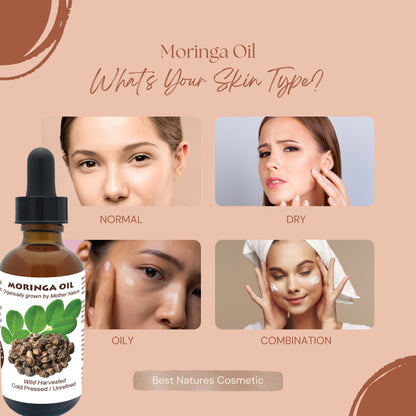 Organic Yellow Poppy Moringa Seed Oil for skincare, cold pressed and unrefined, in a clear glass bottle with a dropper.