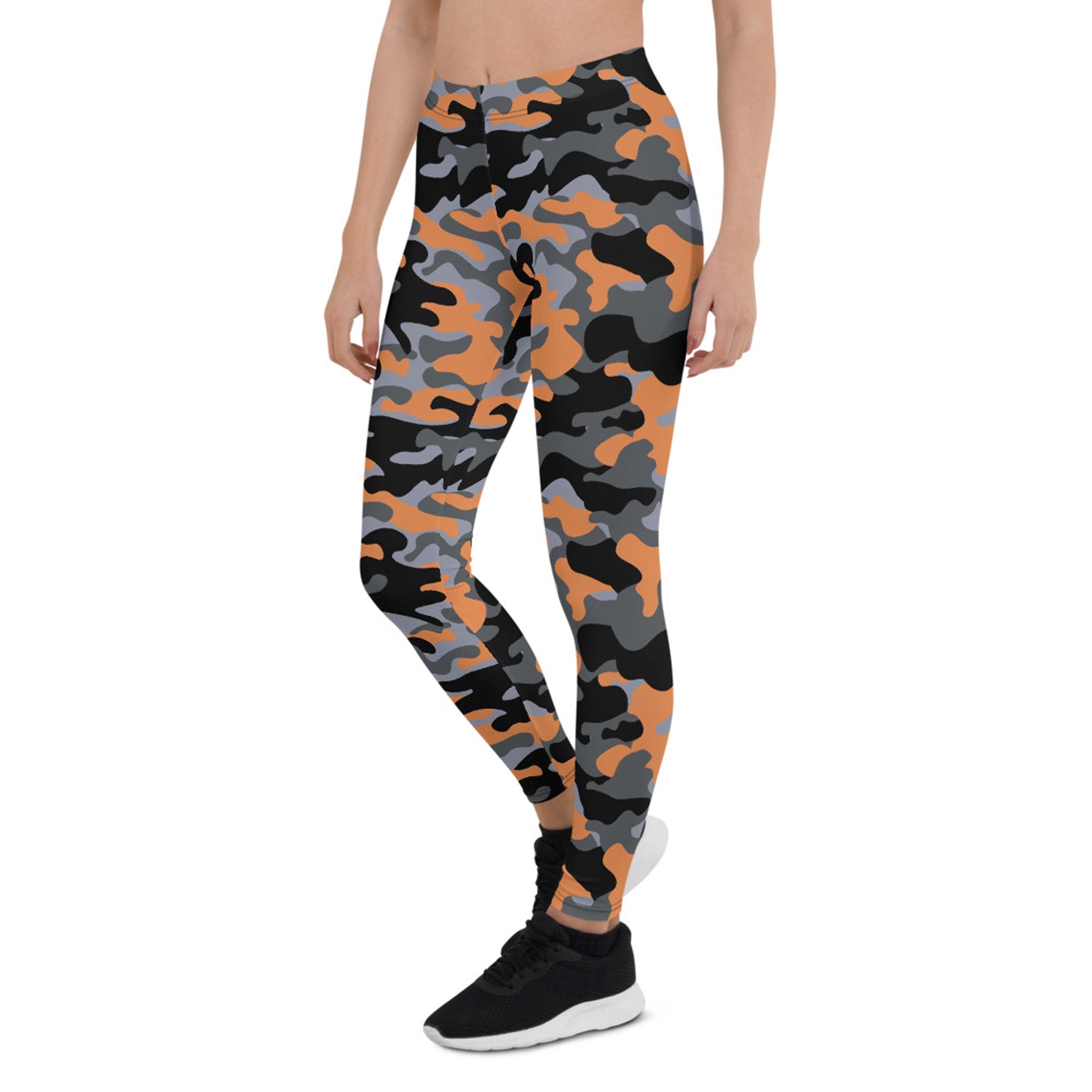 Orange and gray camo Maroon Sooty activewear leggings for women, featuring a stylish camo pattern and comfortable fit.