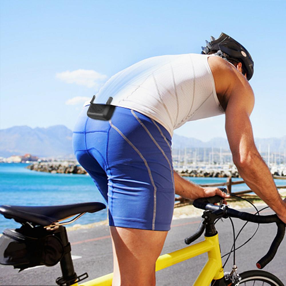 Yellow Pandora portable compact cooling fan with waist clip, handsfree design, ideal for outdoor sports and outdoor activities.