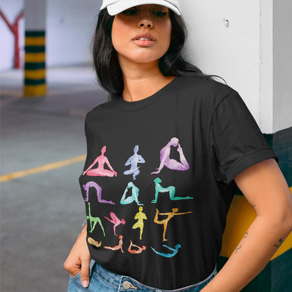 Yellow Pandora yoga poses print jersey short sleeve T-shirt featuring colorful yoga pose illustrations on soft fabric.