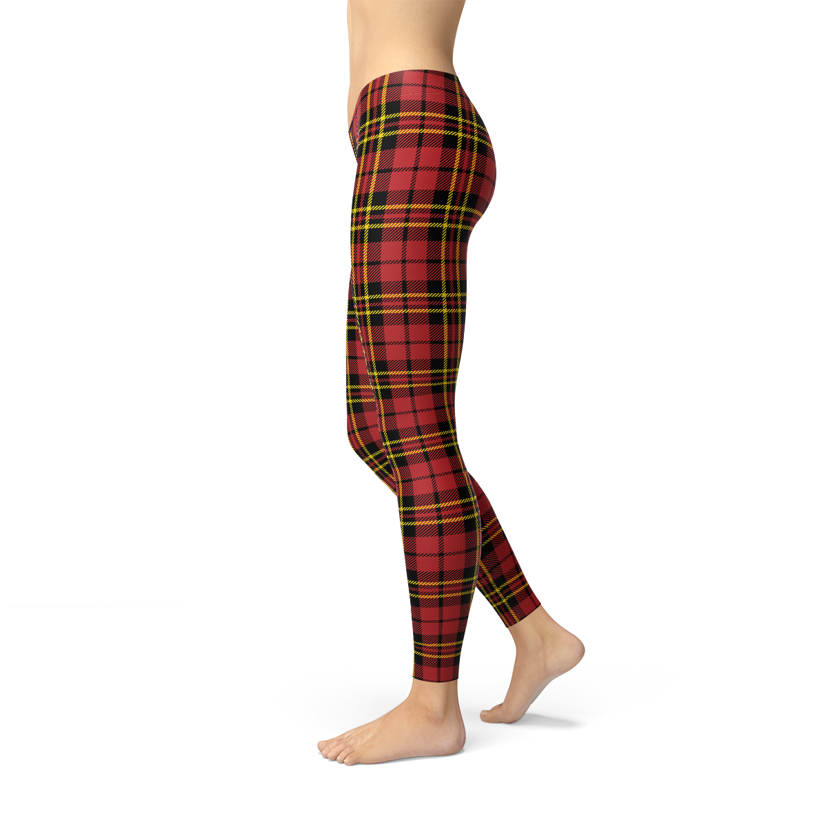 Womens red plaid tartan leggings from Maroon Sooty featuring a bold tartan pattern and snug fit, styled for casual wear.