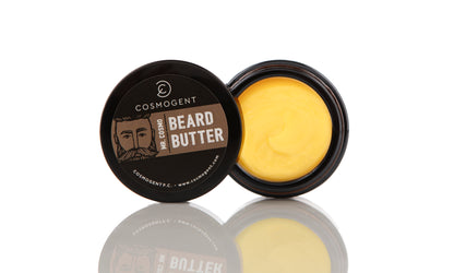 Taupe Perses Mr. Cosmo Beard Butter 50ml in a sleek jar with a white lid, showcasing the skincare product for beard nourishment.