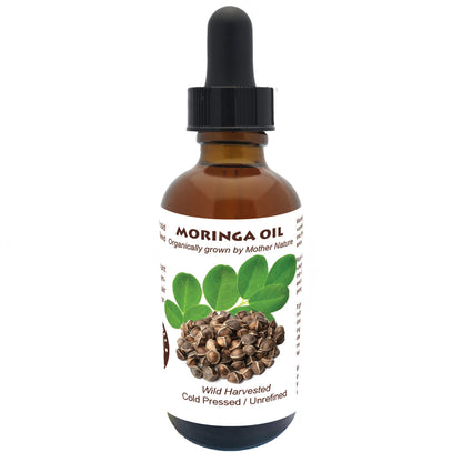 Organic yellow Poppy Moringa seed oil for skincare, cold pressed and unrefined, shown in a glass bottle with a dropper.