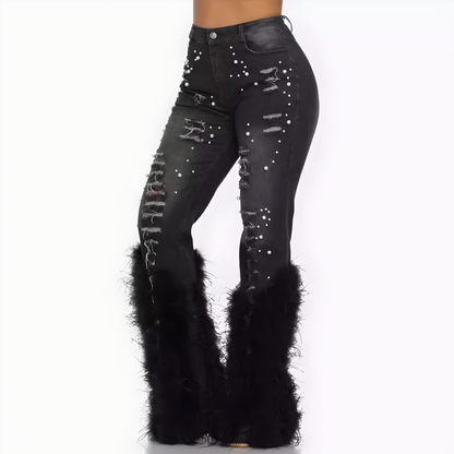 Carmine Juneberry Glam Wool Beaded Jeans – Runway Edition 25 showcasing stylish beaded denim with a fitted design and intricate bead detailing.