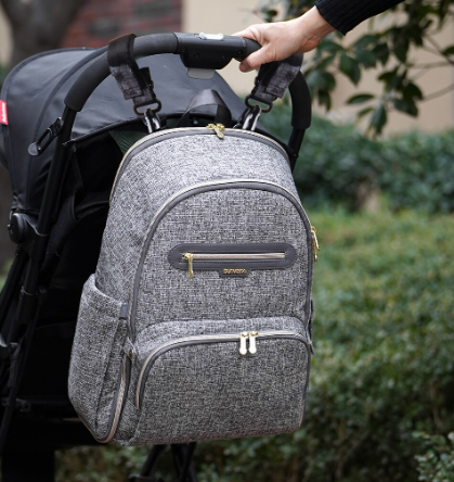 Maroon Chronos foldable diaper backpack with multiple compartments and adjustable straps, designed for parenthood and travel.