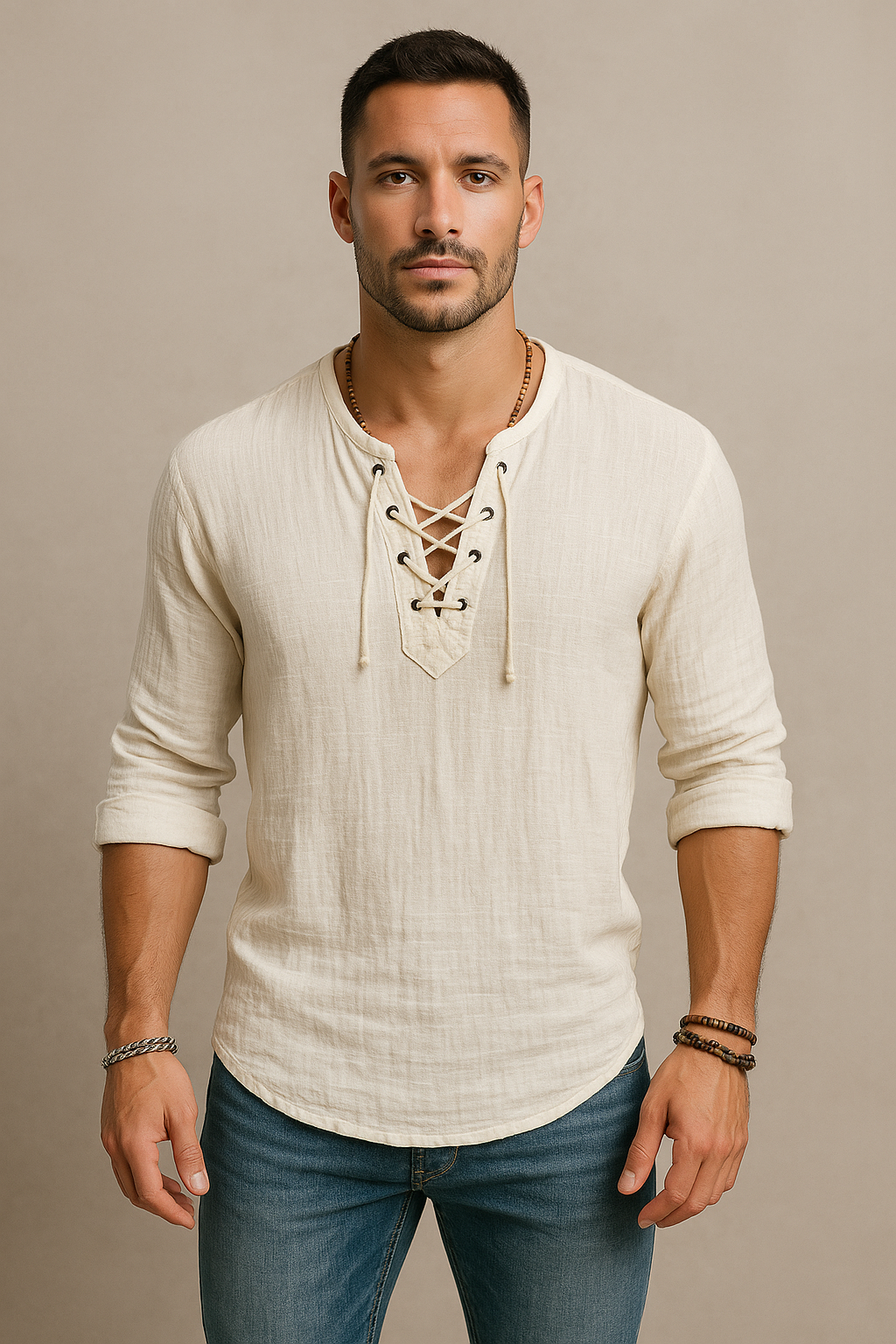 Men’s linen shirt by Carmine Juneberry, casual vintage style, short sleeves, lace-up front, lightweight and comfortable.