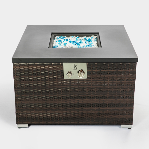 Square dark brown wicker outdoor gas fire pit table from Teal Simba, perfect for home and garden outdoor heating and ambiance.