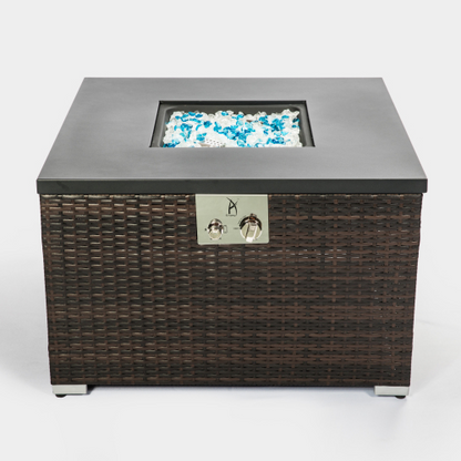 Square dark brown wicker outdoor gas fire pit table from Teal Simba, perfect for home and garden outdoor heating and ambiance.