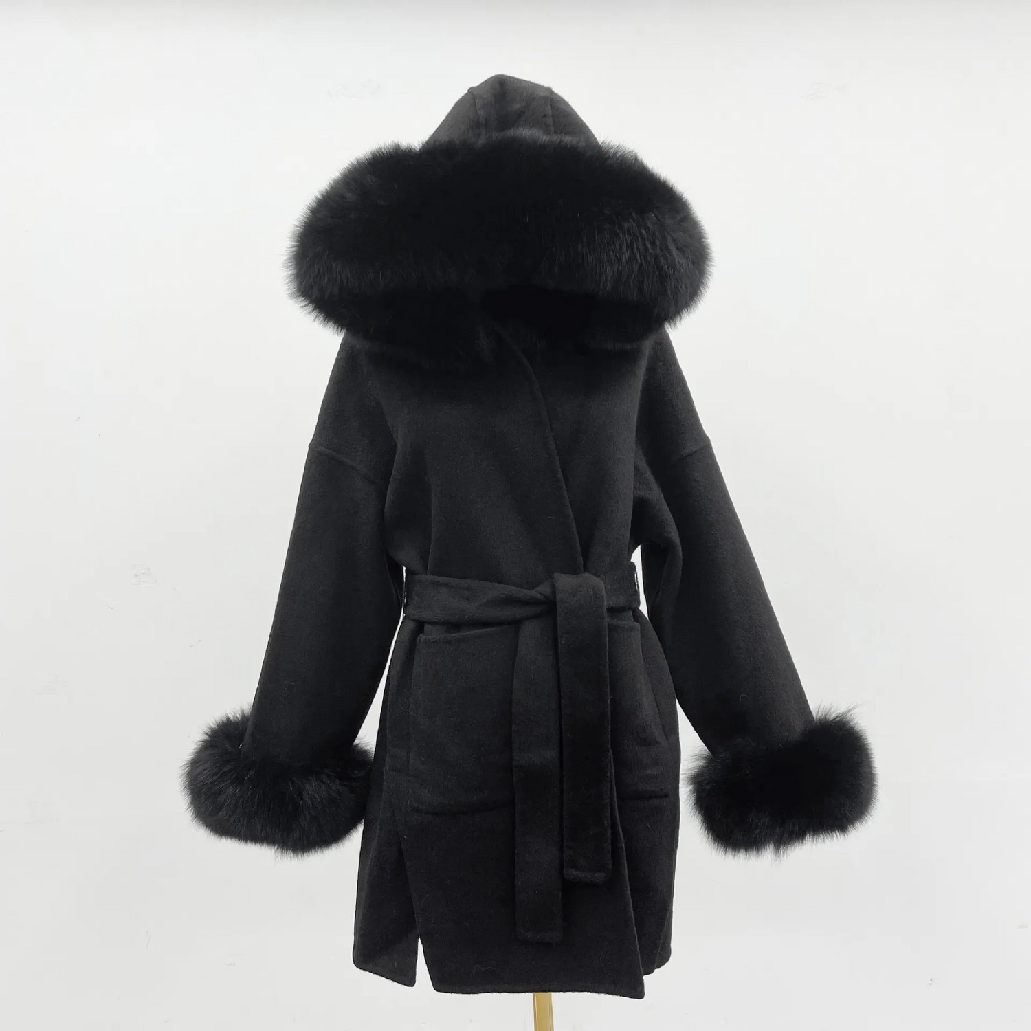 Carmine Juneberry oversized wool coat with fur collar, hood, double-sided design, offering luxurious warmth and stylish comfort.