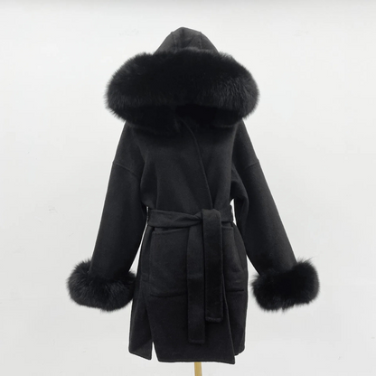 Carmine Juneberry oversized wool coat with fur collar, hood, double-sided design, offering luxurious warmth and stylish comfort.