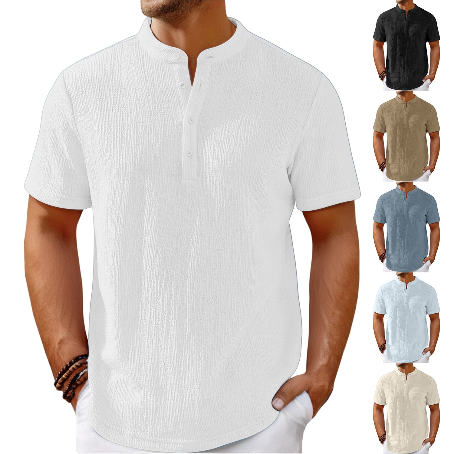 Striped cotton-linen Henley T-shirt from Carmine Juneberry Haute Edition 25, featuring a casual fit and contrasting stripe pattern.