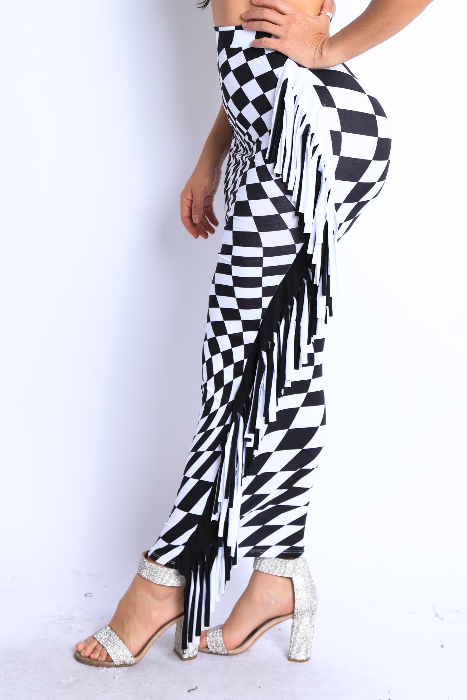 Checkered elastic high waist stretch bodycon maxi skirt by Puce Juniper featuring a fitted pencil silhouette and bold checkered pattern.
