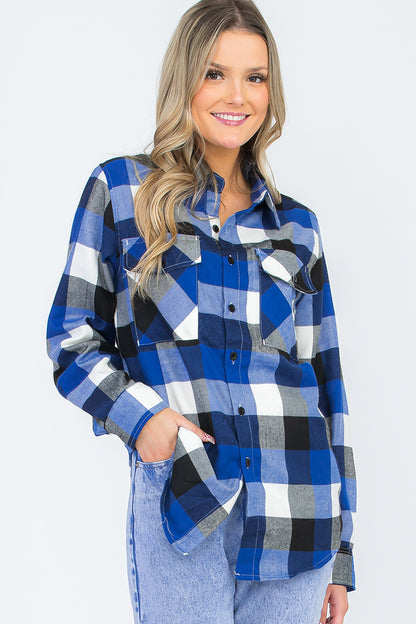 Lime Milo oversized boyfriend plaid checkered flannel top, casual blouse with a relaxed fit and classic checkered pattern.