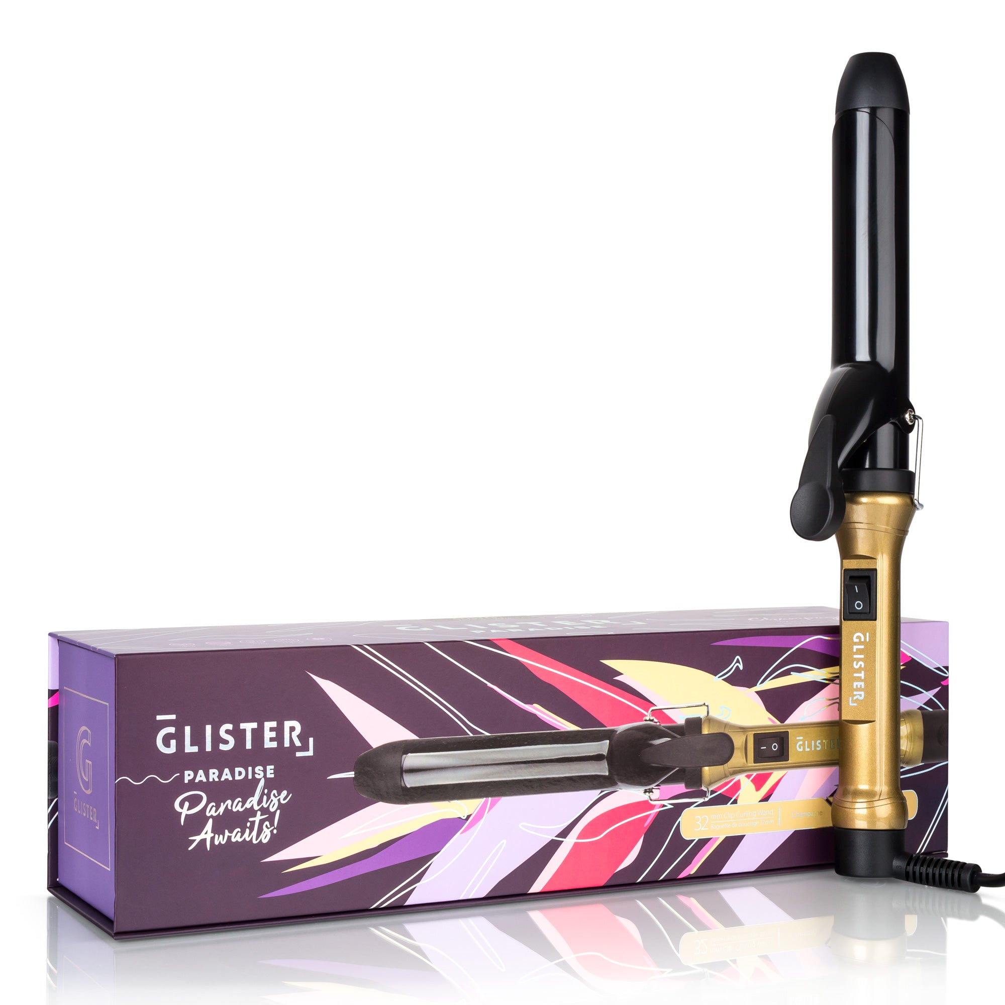 Sky Blue Thrace Paradise 32mm Max Volume Clip Curler in champagne, showing the metallic curling iron with textured handle.
