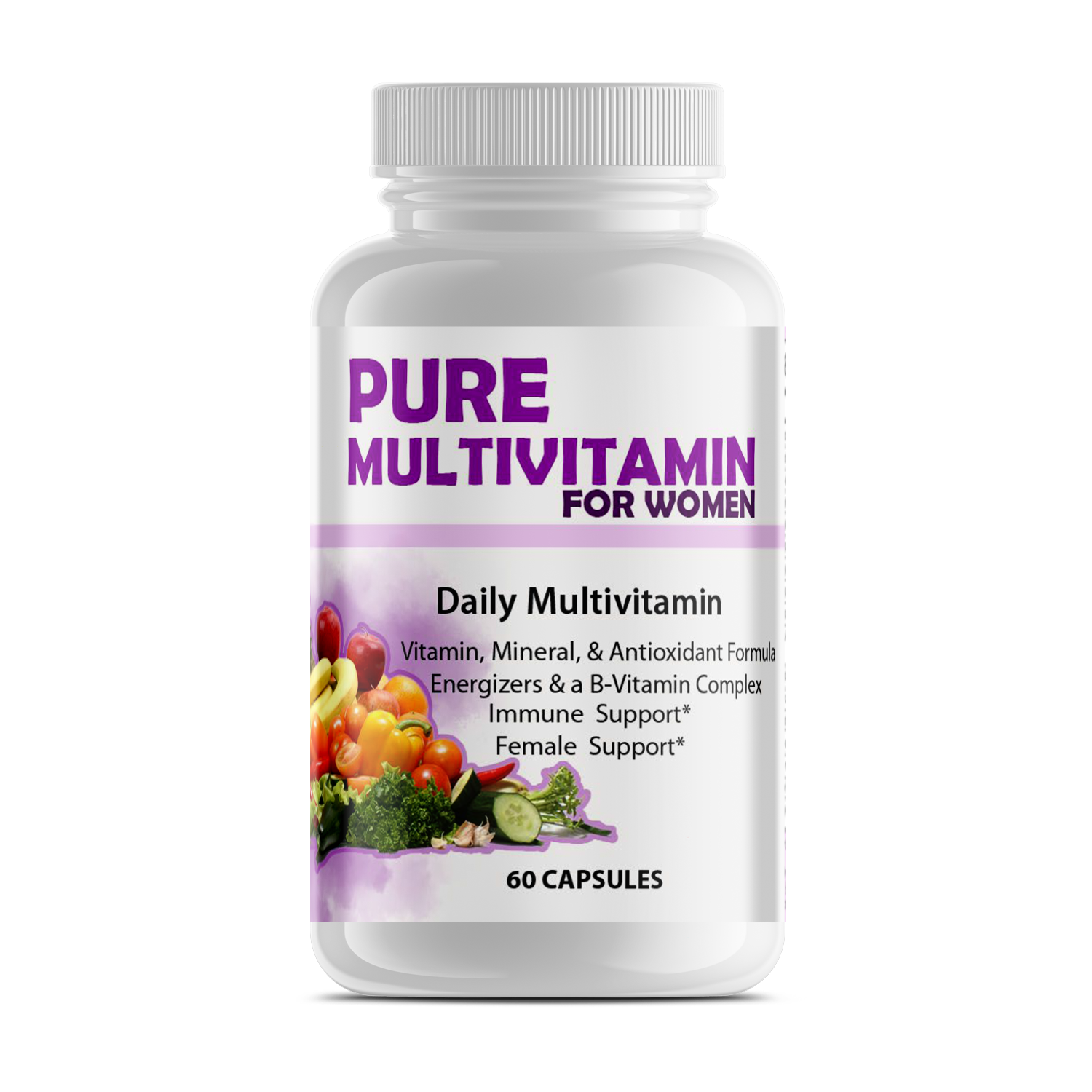 Bottle of Erin Chaos Pure Multi-Vitamins for Women with colorful label and caps, designed for women&