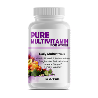 Bottle of Erin Chaos Pure Multi-Vitamins for Women with colorful label and caps, designed for women&