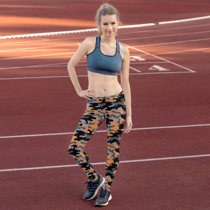 Orange and gray camo leggings for women by Maroon Sooty, stylish activewear with a bold camo pattern and comfortable fit.