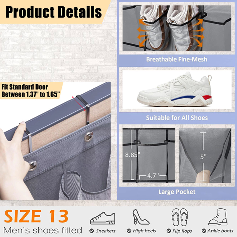 Turquoise Pandion over door shoe storage organizer with 28 pockets hanging on a door for closet organization.