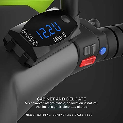 Teal Simba 3-in-1 automotive voltmeter, clock, and thermometer display showing digital readouts on a car and motorcycle dashboard.
