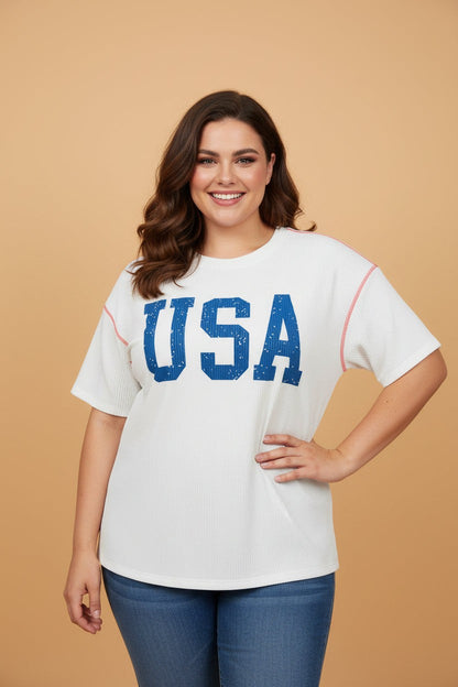 Plus size USA corded knit graphic T-shirt for women by Byzantium Bay, showing the front design and comfortable fit.