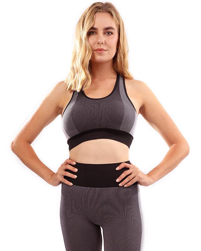 Black Lazurite Arleta seamless sports bra for women, snug fit and comfortable workout apparel with supportive design.