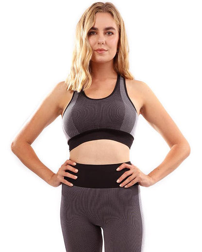 Black Lazurite Arleta seamless sports bra for women, snug fit and comfortable workout apparel with supportive design.