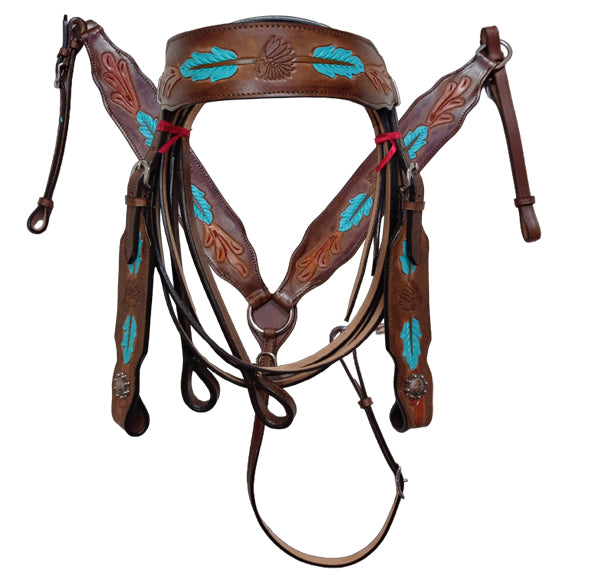 Mauve Aura Western saddle set including horse headstall and breast plate, full size, with leather straps and metal hardware.