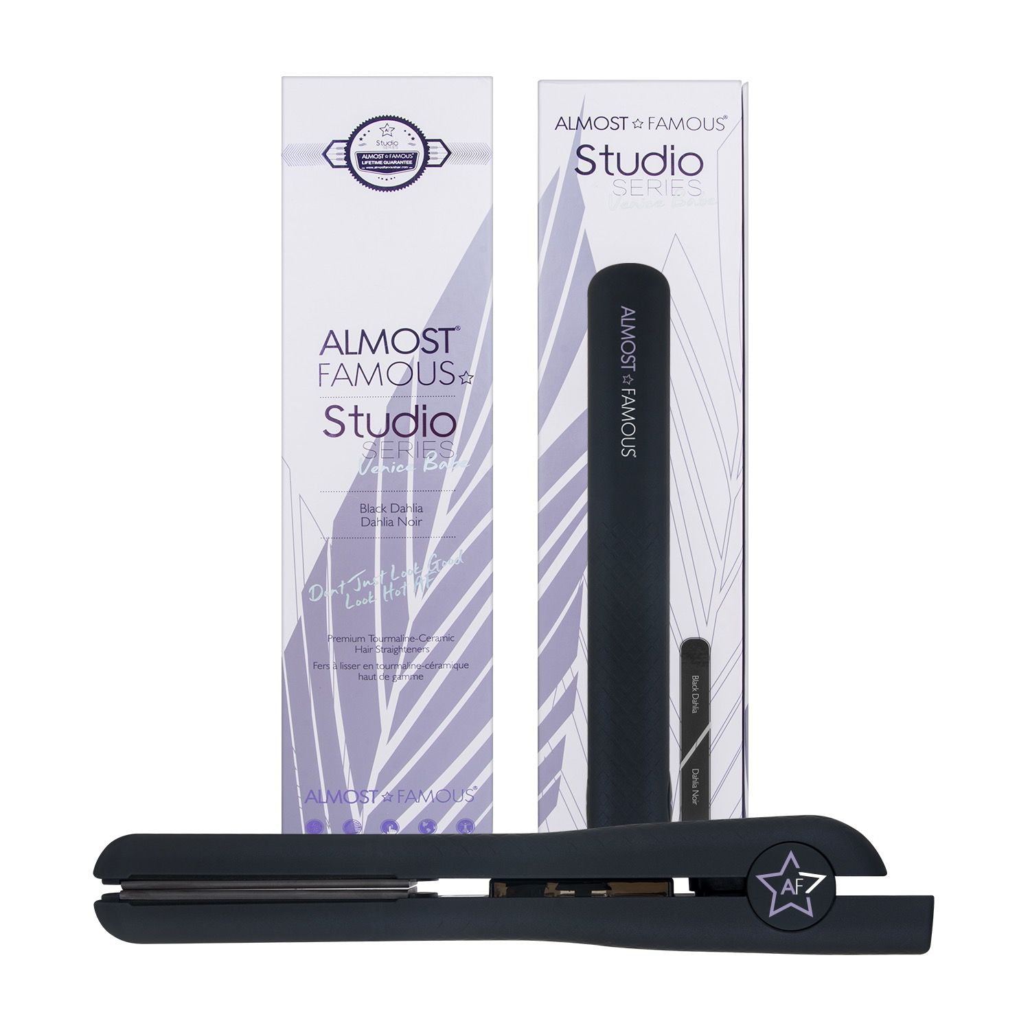 Sky Blue Thrace Venice Babe flat iron with 1.25-inch plates, featuring Luxe Gem infused technology for smooth, shiny hair.