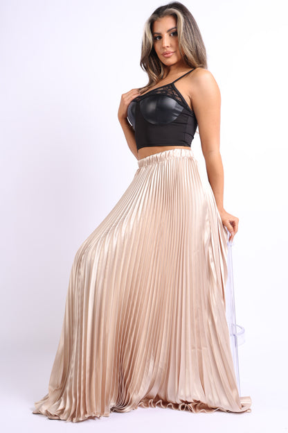 Elastic high waist taupe satin A-line pleated maxi skirt by Puce Juniper shown on a hanger.