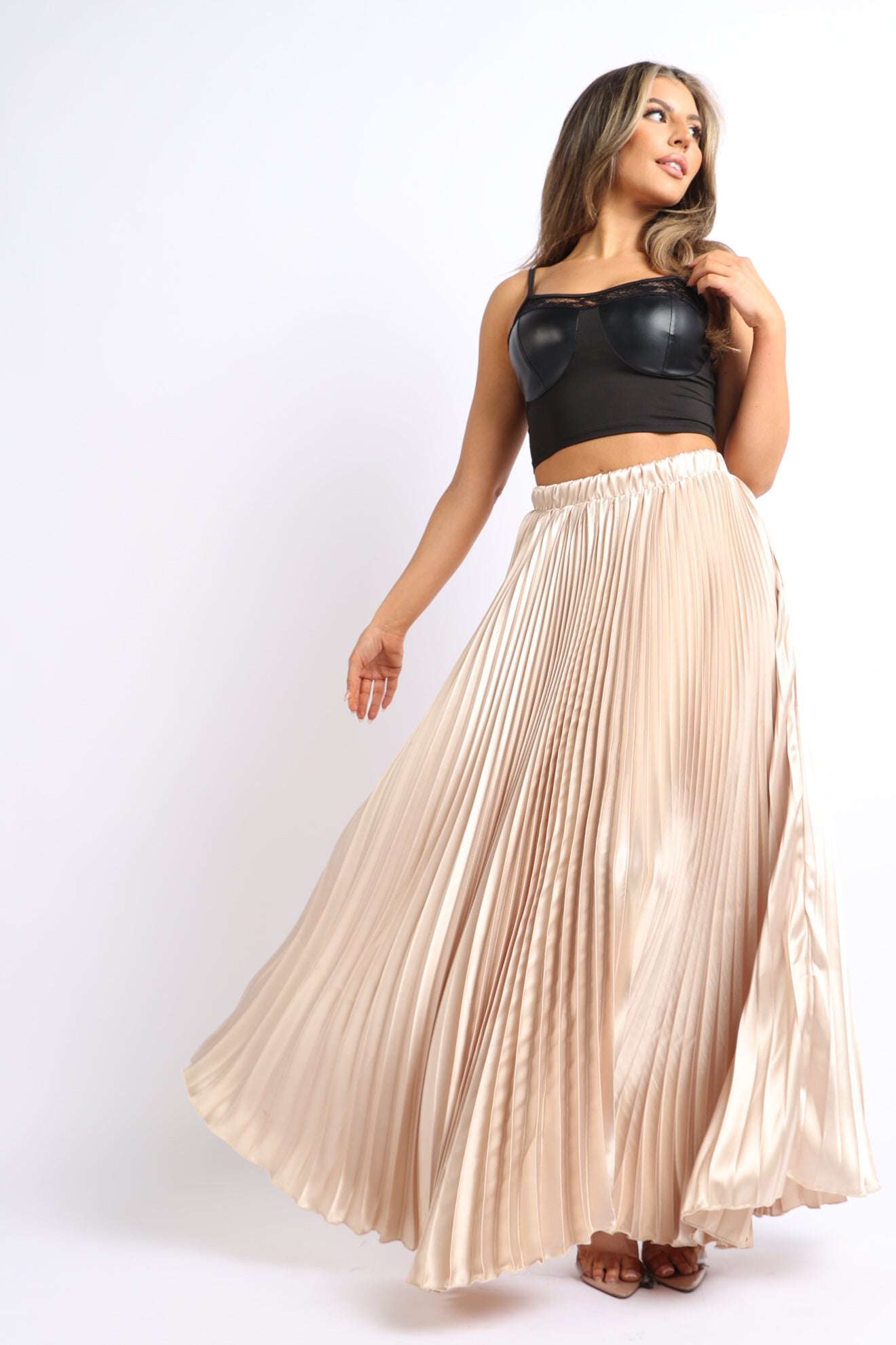Puce Juniper taupe satin maxi skirt with high waist, A-line shape, pleats, suitable for formal and prom occasions.