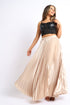 Puce Juniper taupe satin maxi skirt with high waist, A-line shape, pleats, suitable for formal and prom occasions.
