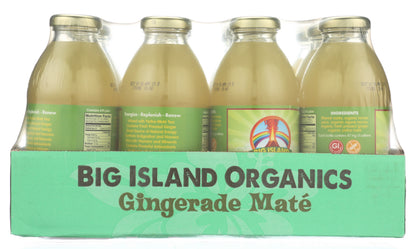 Sixteen-ounce Gingerade Maté bottles from Plum Maple, displaying clear glass bottles with vibrant ginger and tea beverage inside.