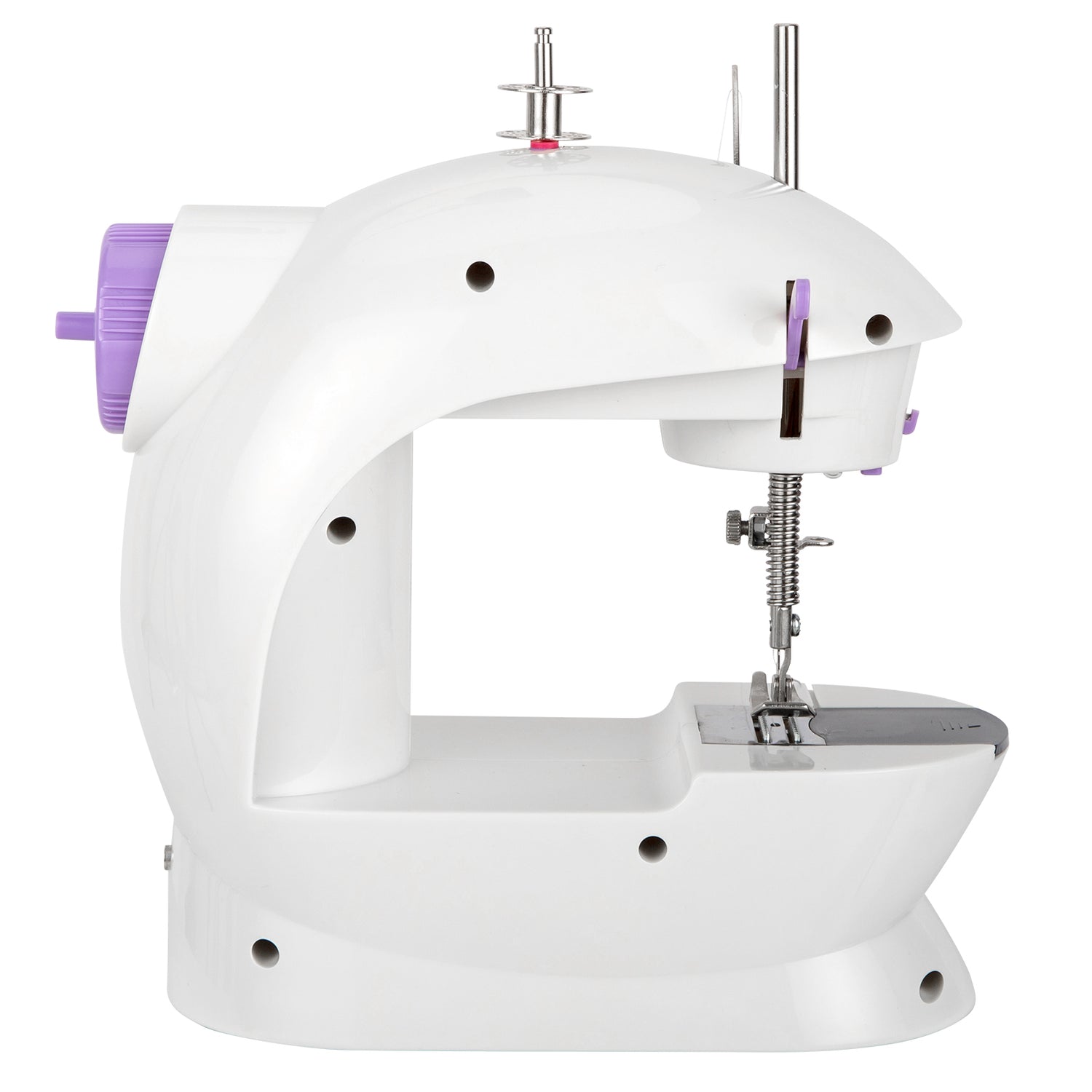 Portable Lilac Milo desktop sewing machine with extension table for home use, compact and easy to operate.