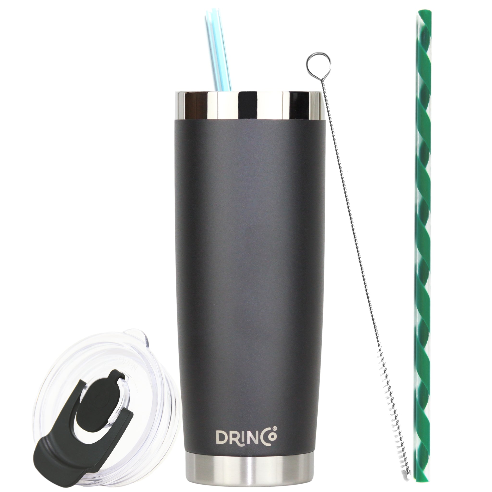 Orchid Lavender DRINCO® 20oz insulated tumbler with spill-proof lid and two black straws, durable drinkware for hot and cold beverages.