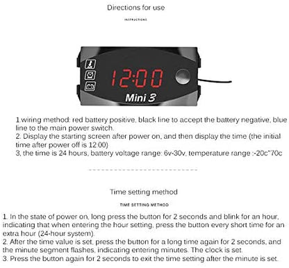 Teal Simba 3-in-1 automotive voltmeter, clock, and thermometer display for cars and motorcycles, showing digital readings on the device.