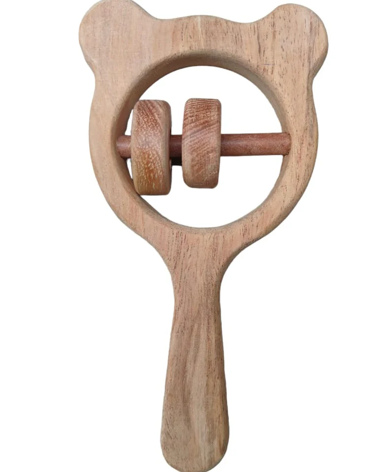 Baby Neem wood teether from Sky Hypnos, designed for infants aged 0-3 years, showing a natural wooden teething toy for babies.
