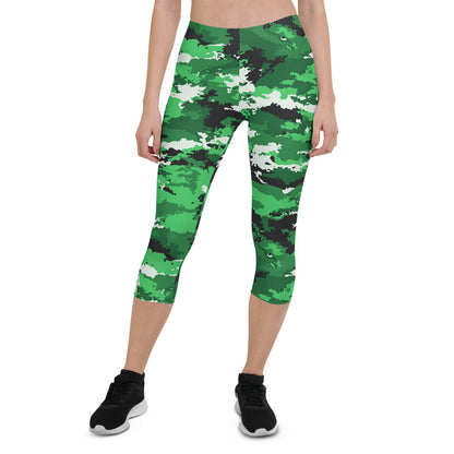 Green camo Maroon Sooty activewear capri leggings with a fitted style and elastic waistband, perfect for workout or casual wear.
