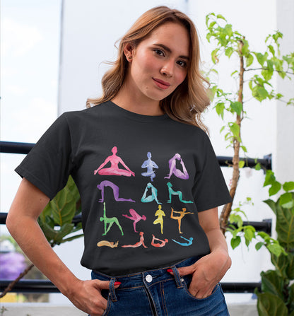 Yellow Pandora yoga poses print jersey short sleeve T-shirt featuring colorful yoga pose illustrations on lightweight fabric.