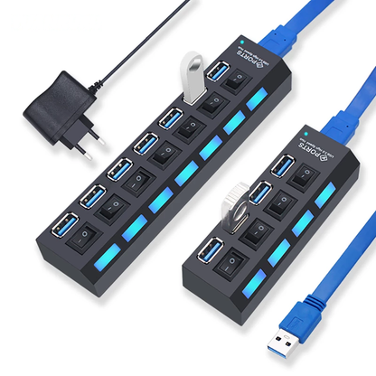 Teal Simba USB 3.0 hub with 4-port and 7-port options, featuring multiple USB splitter and expansion for tech accessories.