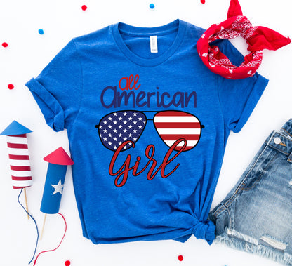 All American Girl T-shirt by Agate featuring patriotic design with stars and stripes, casual fit, and soft cotton fabric.